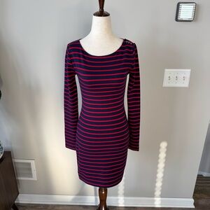 Abercrombie & Fitch Fitted Striped Navy and Red Dress with Button Detail